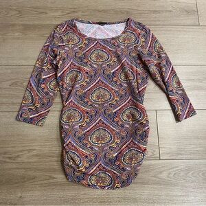 J. McLaughlin Catalina Cloth Orange Blue Paisley Ruched 3/4 Sleeve Top Size S